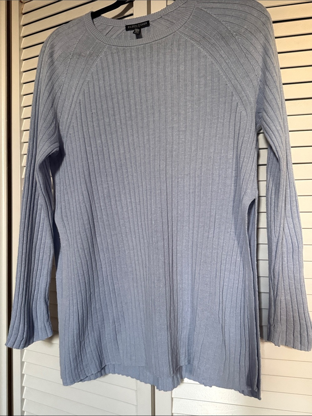 Eileen Fisher Pet. Lt. Blue Ribbed Organic linen/cotton Crewnk sweater side slit